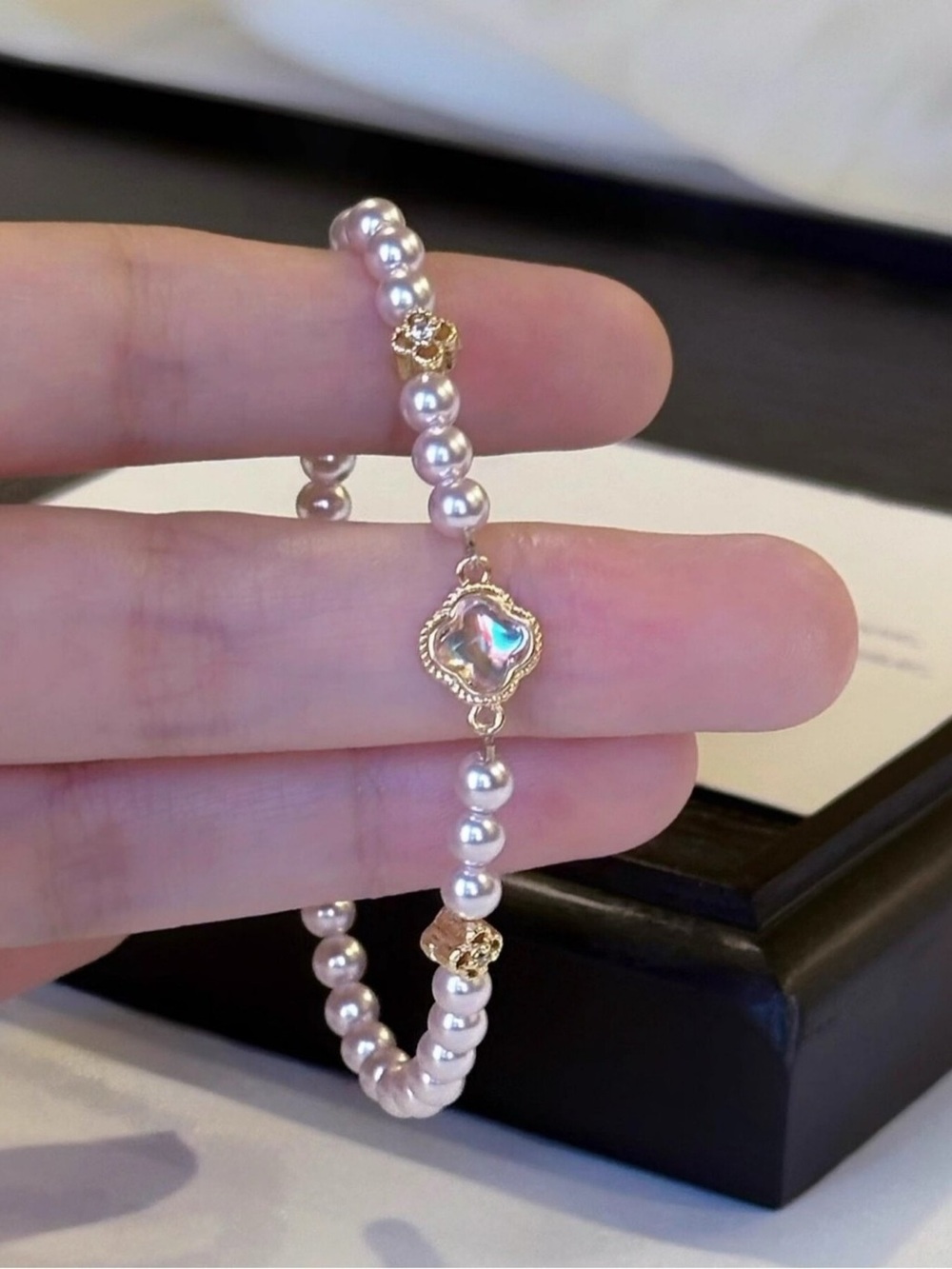 Pearl Clover Charm Bracelet 18K Gold Plated Zircon Iridescent Coquette Gift
